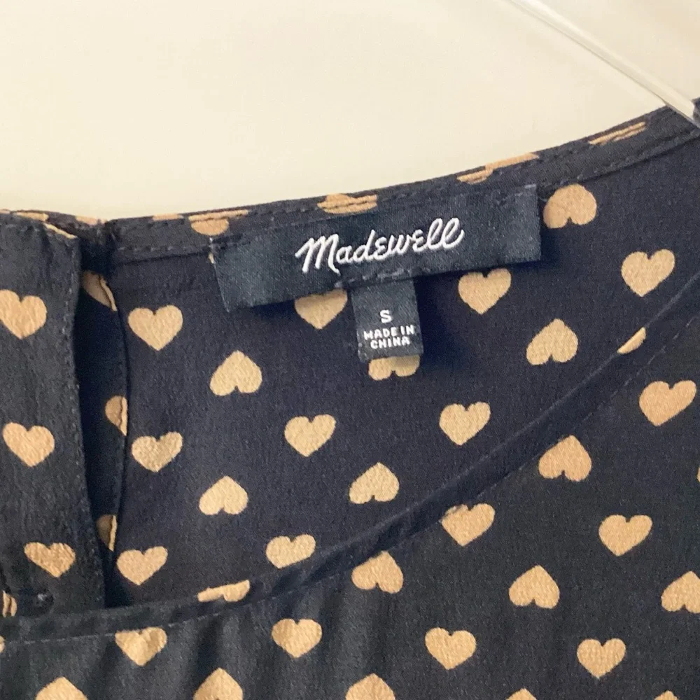 Madewell Silk Tiered Button Back Heart Print Top - Black - S - Picture 7 of 8